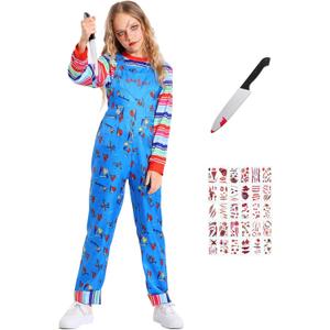 Kids Nightmare Killer Doll Costume Boy Girl Halloween Costumes Blue Cartoon Jumpsuit Cosplay Overall with Accessories (8-9 Years)