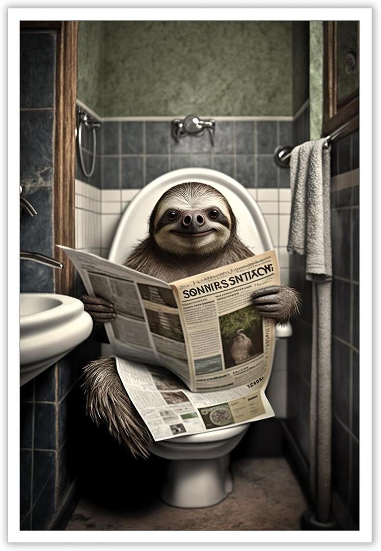 KOEUIRW Funny Sloth Bathroom Canvas Wall Art Cute Sloth In Toilet Posters Black and White Animal Prints Painting Maximalist Mid Century Modern Aesthetic Wall Decor for 12x16in Unframed