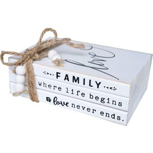 LIVDUCOT Wooden Decorative Books Stack for Coffee Table Faux Book Stack for Decoration Love Family Where Life Begins Modern Farmhouse Decor White Book Decor for Shelf 7X 5.5X 2.5'