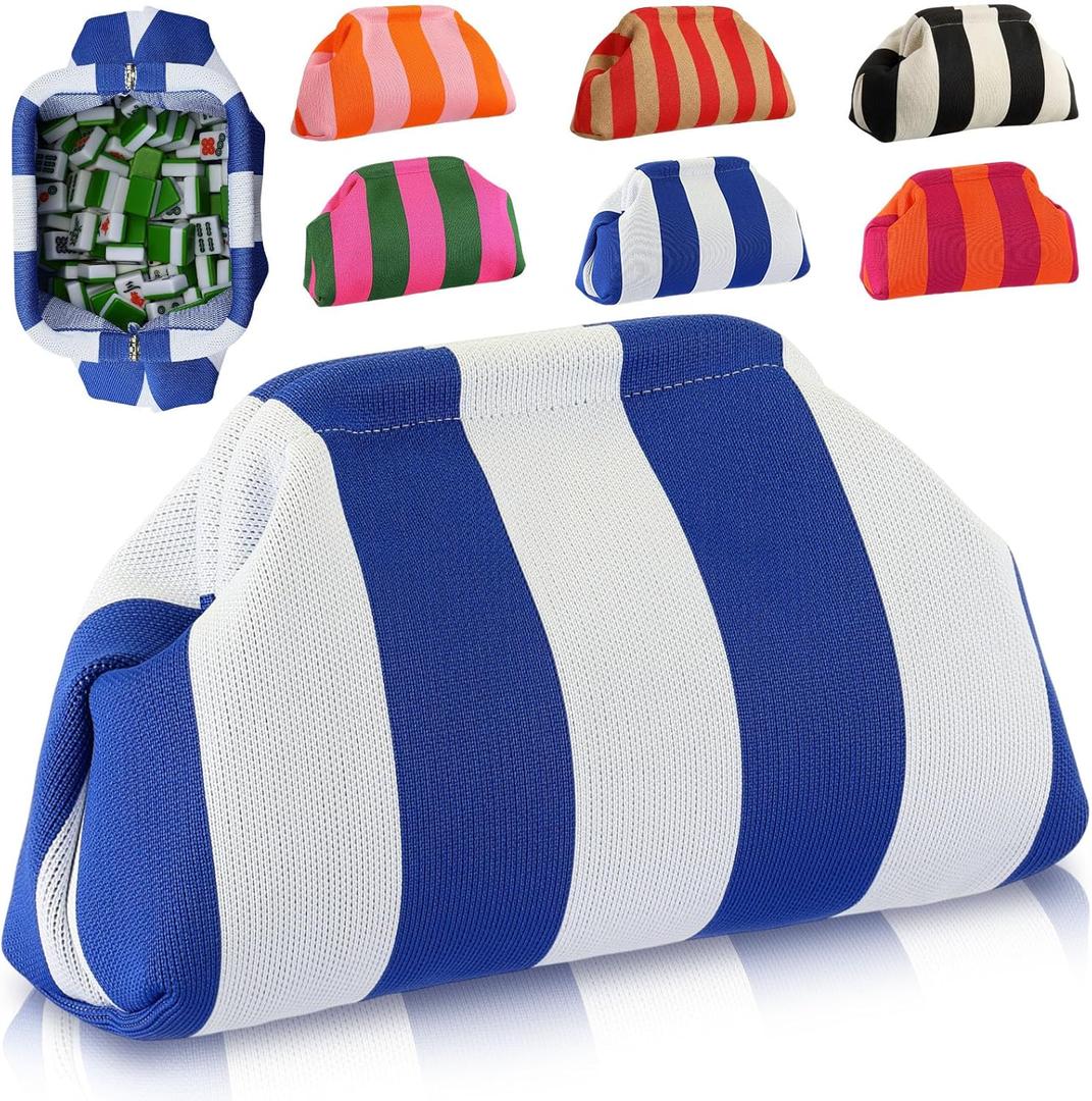 Mahjong Tile Bag Woven Clutch Purses for Women Woven Striped Dumpling Bag Summer Beach Evening Handbag for Mahjong Tile Vacation Supplies(Blue White,Thick Lines)