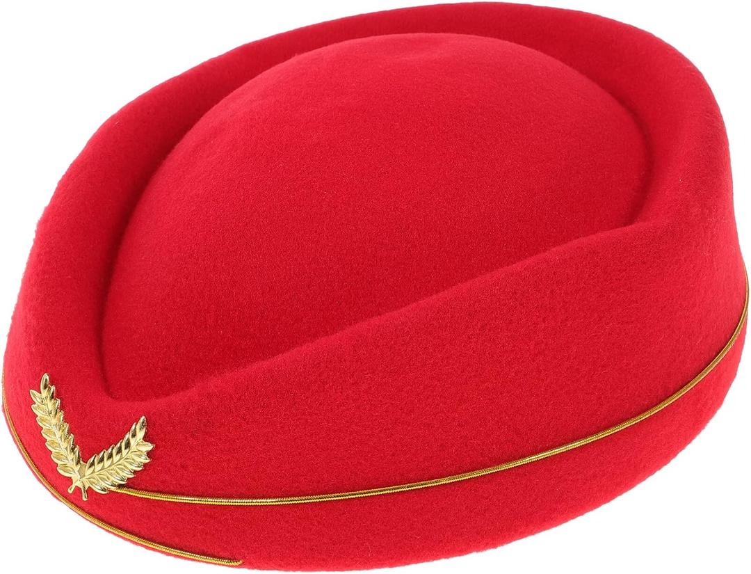 Women Air Stewardess Hat Woolen Flight Attendant Hat Stewardess Cap for Costume Cosplay Musical Performance - Size M(Red)