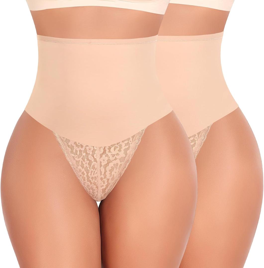Werena Tummy Control Thong Shapewear for Women Mid High Waisted Body Shaper Underwear Lace Shaping Thong Girdle Panties (Medium, #A1 Beige 2 Pack)