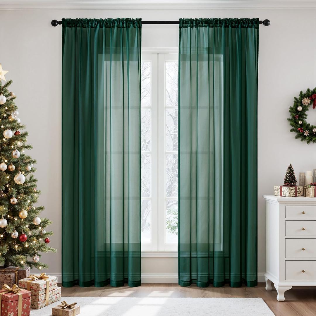 MIULEE Christmas Solid Color Sheer Window Curtains Elegant Window Voile Panels/Drapes/Treatment for Bedroom Living Room 2 Panels 54 X 45 Inches Hunter Green