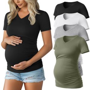 Huukeay 4 Pack Women's Maternity Shirts, V Neck Maternity Top Short Sleeve Casual Cotton Tee Side Ruched Pregnancy Clothes (Medium, Black, Army Green, Light Gray, White)