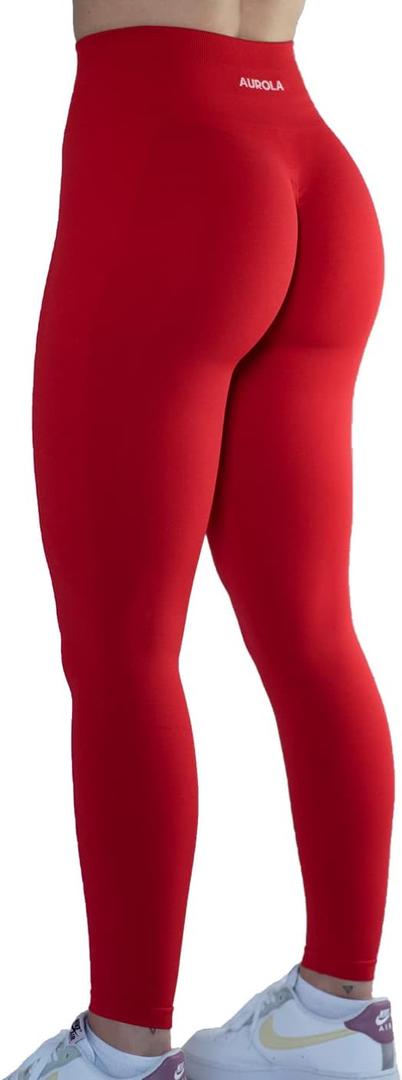 AUROLA Workout Leggings for Women Seamless Scrunch Tights Tummy Control Gym Fitness Girl Sport Active Yoga Pants (Large, Fiery Red)