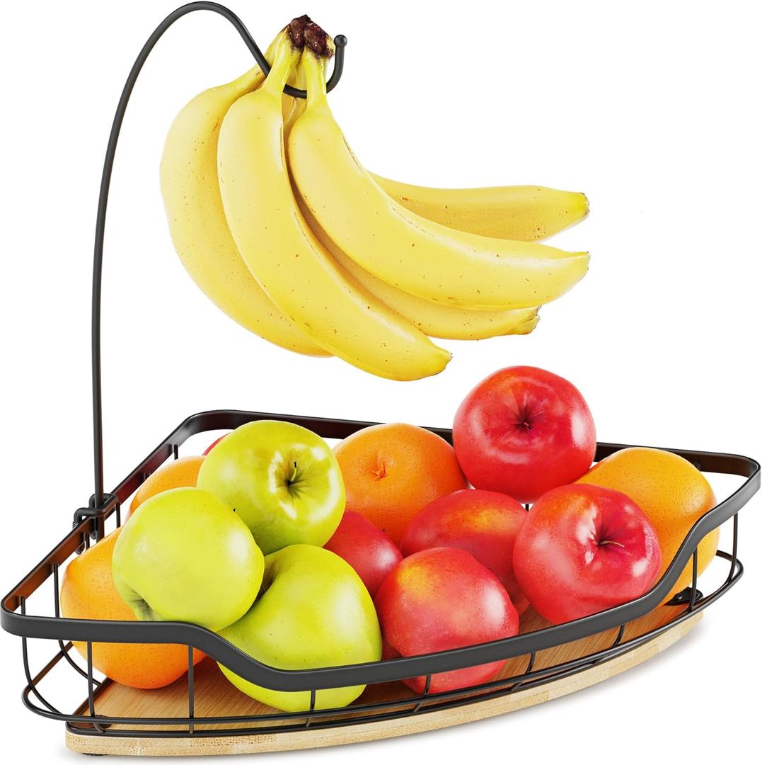 Fruit Holder for Kitchen Countertop with Banana Hanger, Vegetable Basket with Bamboo Base for Kitchen Corner Storage, Black (1 Tier)