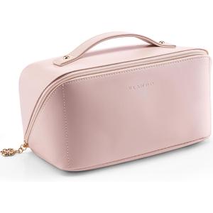 Vlando Makeup Bag,Large Capacity Travel Toiletry Bag,Cosmetic Bags for Women PU Leather Waterproof Portable Pouch with Divider & Handle-Pink