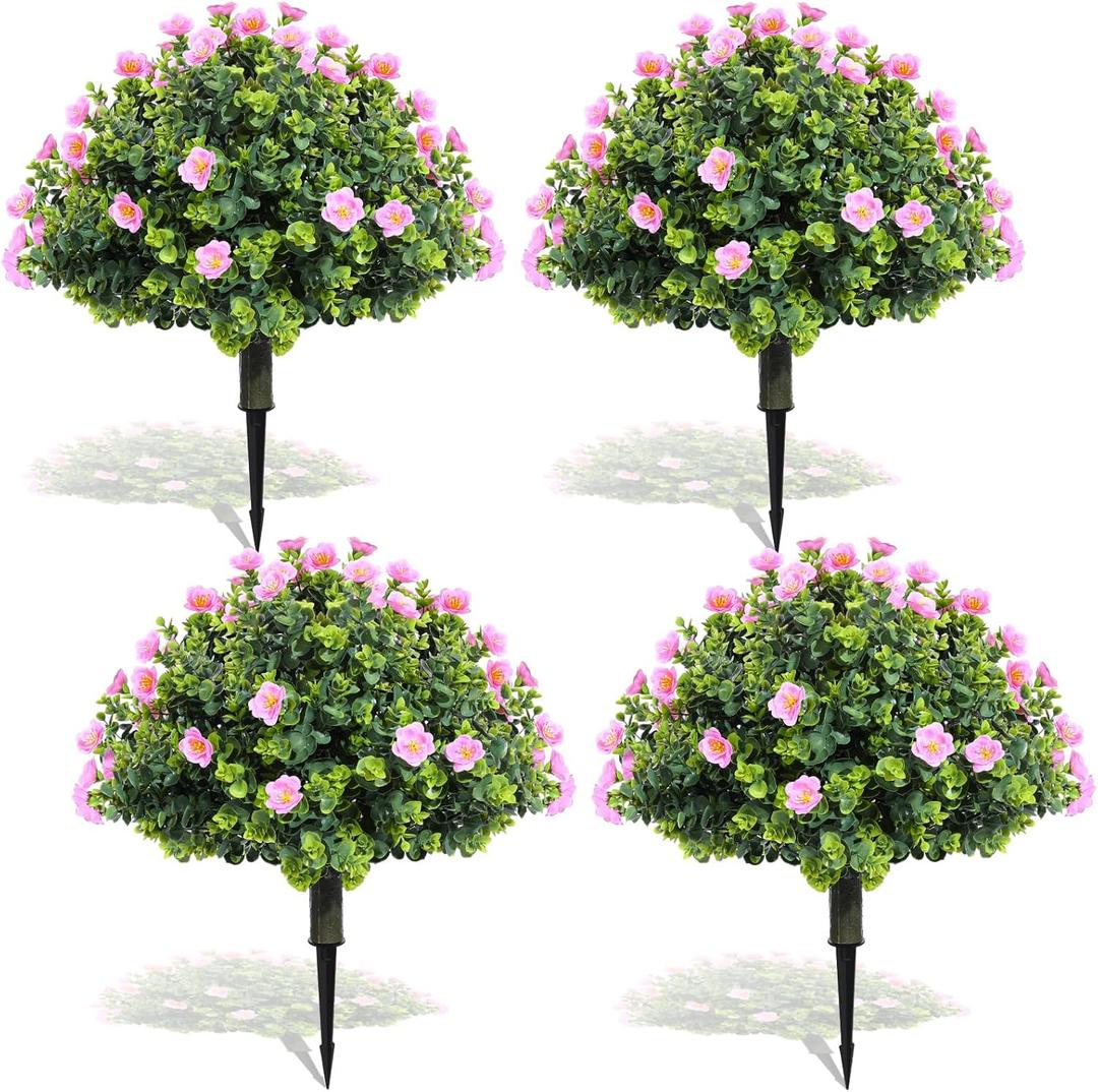 XunYee 4 Pcs 20" Artificial Topiary Ball Trees, Outdoor Artificial Shrubs Faux Bushes UV Resistance Greenery Fake Plants Tree with Ground Spike for Garden Porch Patio Indoor Decoration (Pink Flower)