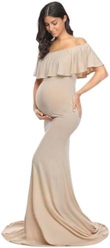 Glampunch Womens Off Shoulder Maternity Dress Ruffles Elegant Slim Gowns Fit Maxi Photography Dress, Small, Beige