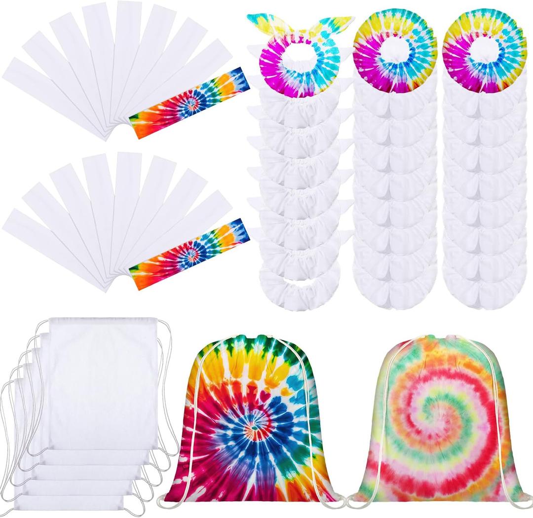 Abbylike Tie Dye Party Cotton Drawstring Backpacks Scrunchies Bow Hair Ties Elastic Headbands Cotton Hair Accessories for DIY