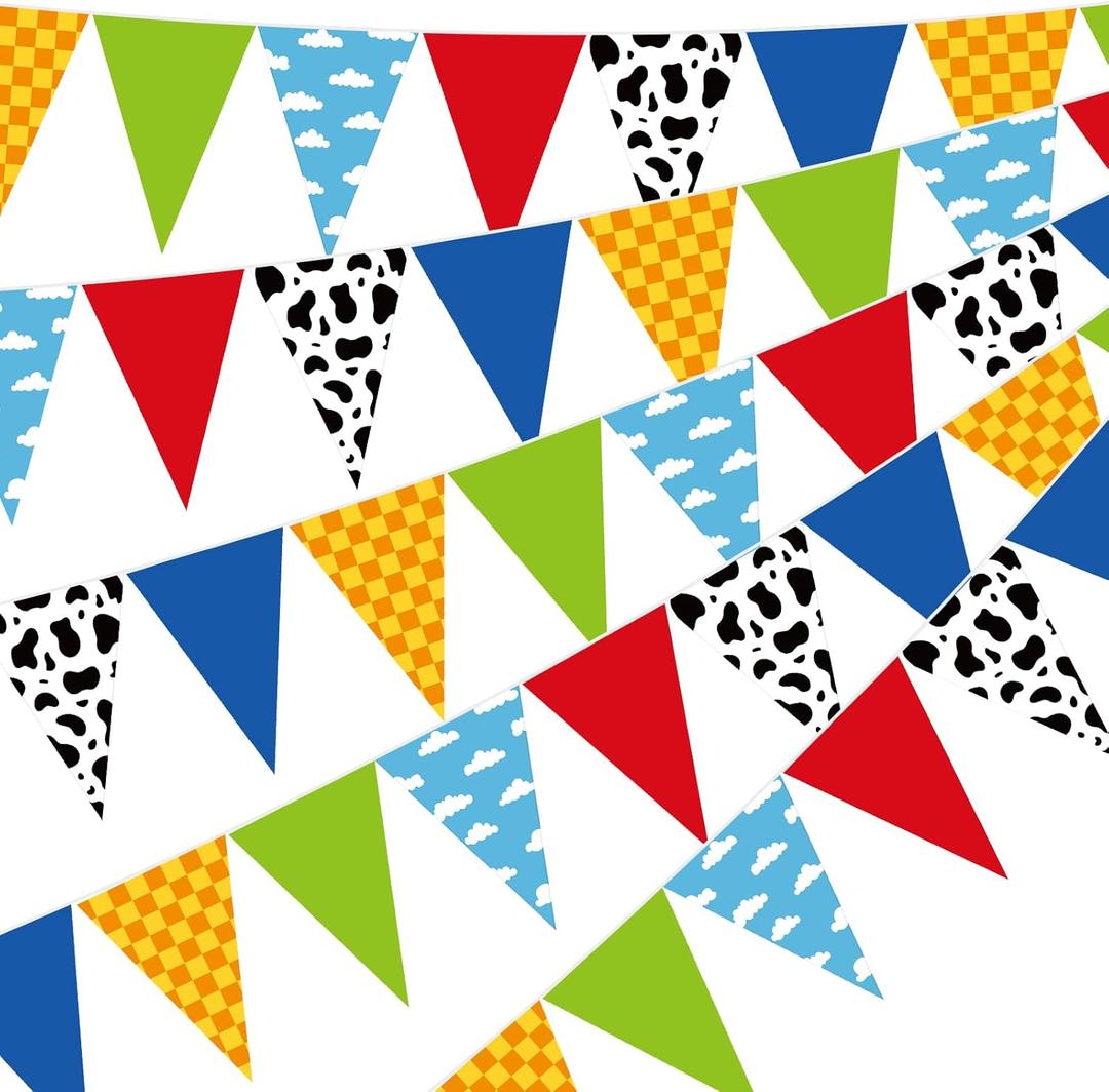 Pasimy 5 Pcs Cartoon Birthday Party Decorations Blue Sky White Clouds and Cow Print Pennant Banners Flags Red Blue Yellow String Triangle Flag Banner for Baby Shower Birthday Party Decorations