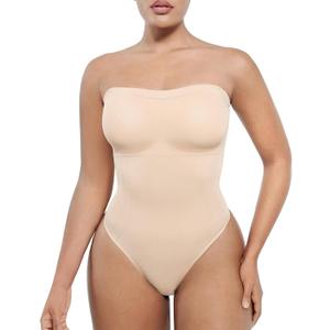 SHAPELLX Women's Shapewear Bodysuits Tummy Control Butt Lifter Body Shaper Strapless Seamless Mid Thigh Jumpsuit Tops (Medium-Large, A2-skin Thong)