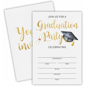 2 x graduation invitations 2025 - Grad Party - 20 invitation cards with envelopes, Gold Font Fill-in style Celebration party invitation, College Graduation Party Decoration & Supplies - A01