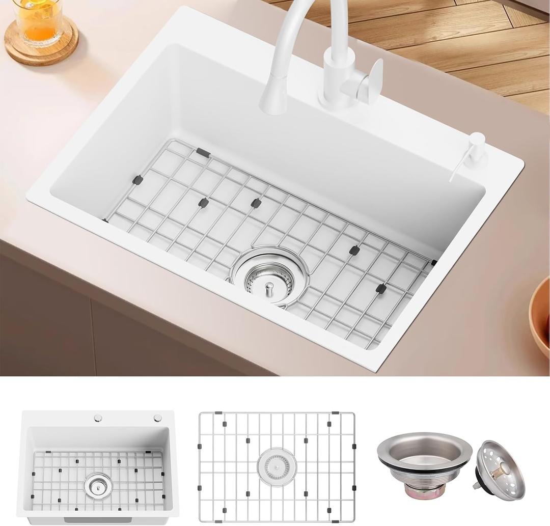 White 25x18 Inch Kitchen&Bar Sink- Stainless Steel Drop In Single Bowl Topmount Kitchen And Bar Sink With Sink Grid And Drain Assembly Bright White Bar Sink Enhance Aesthetic Appeal Of Modern Kitchen