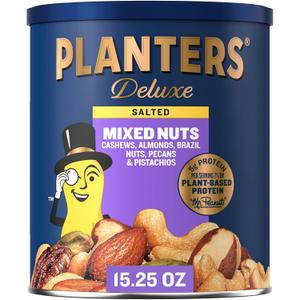 PLANTERS Deluxe Mixed Nuts - Roasted Cashews, Almonds, Brazil Nuts, Pistachios, and Pecans, Plant-Based Protein, Quick Snack, 15.25oz Canister (EXP 09/12/27)
