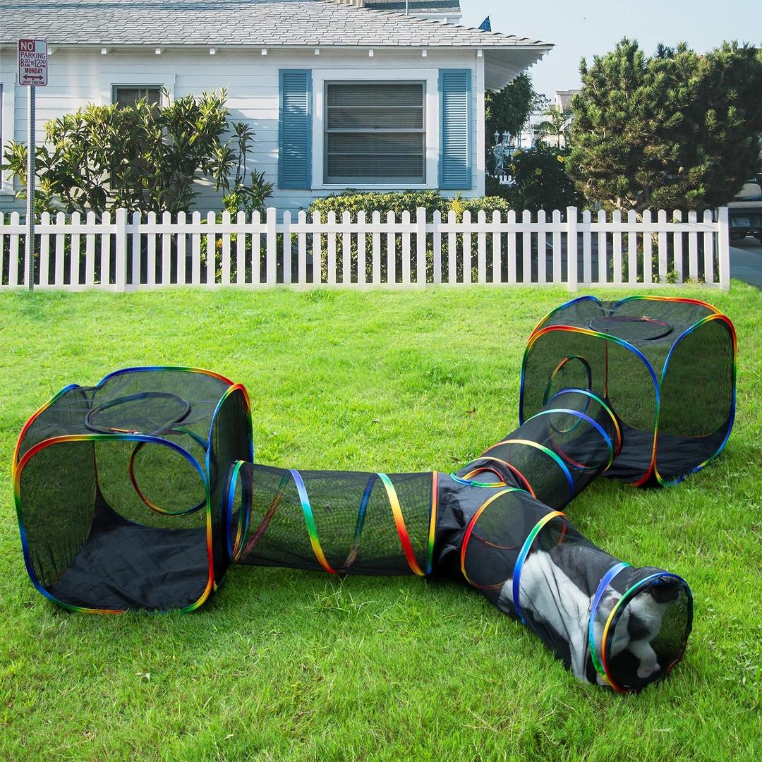 Outdoor Rainbow Cat Enclosures Playground,Outside House for Indoor Cats Include Portable Tent, 3 Way with 2 Cube Tunnel, for Kitty and Small Animals,Within Storage Bag
