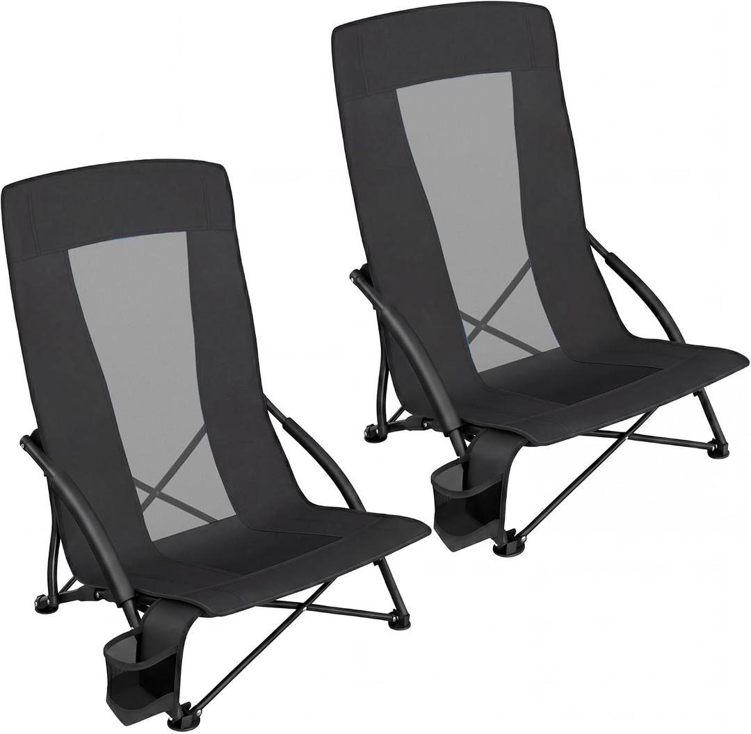 SONGMICS Set of 2 Portable Beach Chairs for Adults, Max. Load 330 lb Each, High Backrest, Cup Holder, Lightweight, Heavy-Duty, Black UGCB067B01V1