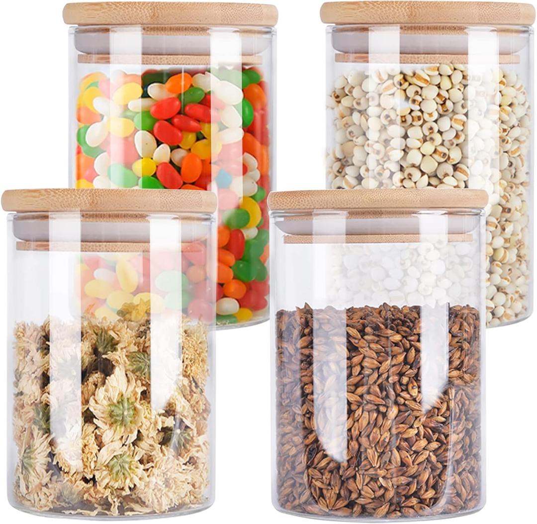 Aoeoe 4 Pack Glass Storage Jars with Airtight Bamboo Lid, 27 OZ Glass Kitchen Canisters, Clear Container for Coffee Bean Storage, Dry Goods, Cookie, Candy, Tea, Spices and More
