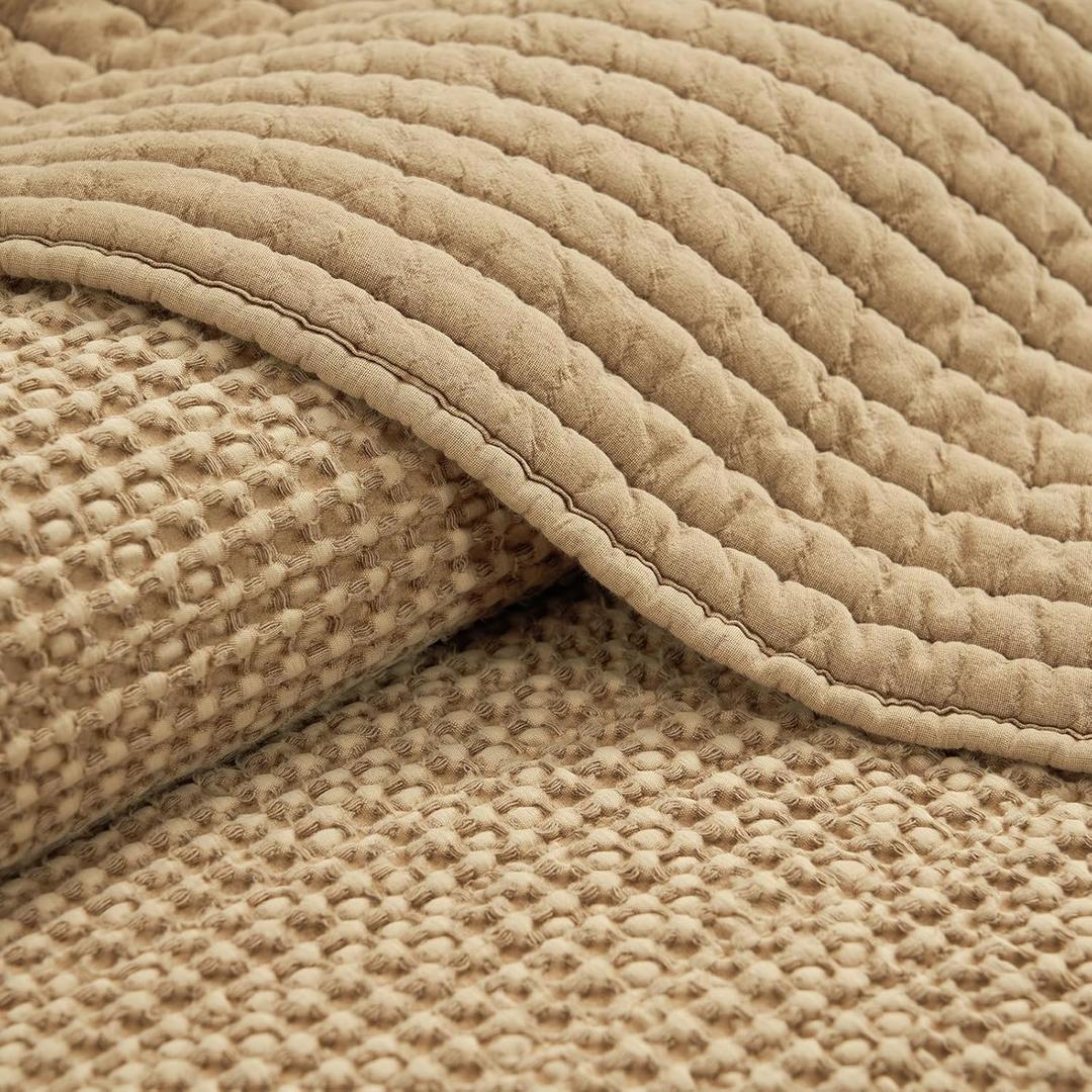 PHF Stone-Washed Waffle Quilt Set King Size (106"x90") - 100% Cotton Cover, 3PC Lightweight Striped Channel Quilted Bedspread with Polyester Fill, Soft Vintage Coverlet for Home Decor, Light Khaki