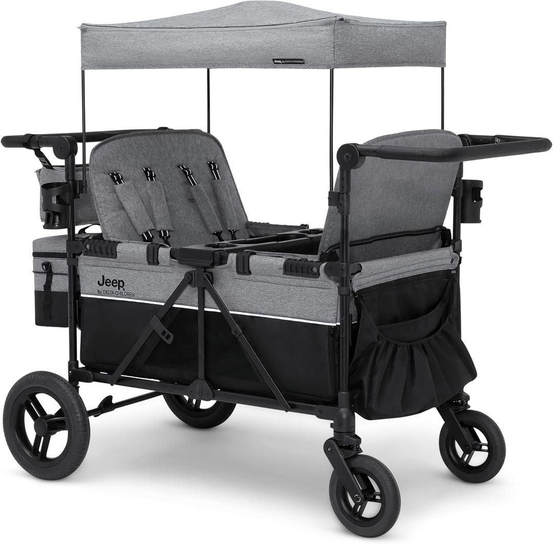 Jeep Wrangler Deluxe 4 Seater Stroller Wagon by Delta Children - Premium Quad Stroller Wagon for 4 Kids with Convertible Seats, Adjustable Push/Pull Handles, Removable Canopy & Flat Fold, Grey