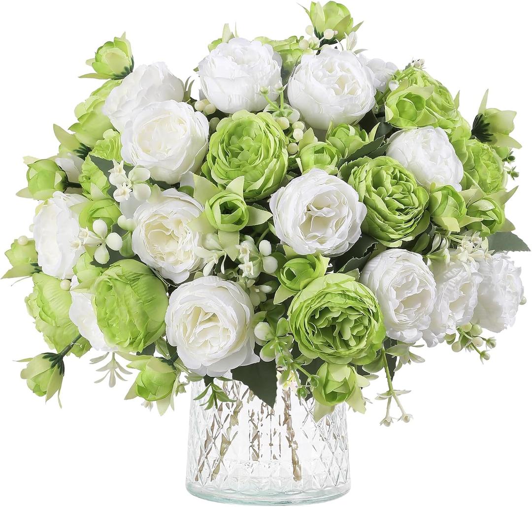 Floweroyal 4 Bunches Peony Artificial Flowers Green Flowers Silk Peonies Bouquets for Wedding Party Table Centerpieces Floral Arrangement Home Kitchen Decor