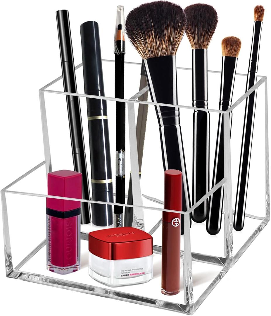 Cerpourt Clear Acrylic Makeup Brush Organizer,Multi-Purpose Cosmetic Brushes Storage Holder with 3 Slots,Pencil Pen Holder for Desk,Desk Organizer and Accessories for Vanity