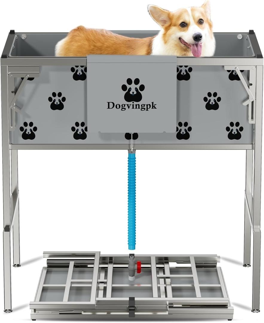 Foldable Elevated Dog Bathtub with Drain 300 lb Capacity Portable Pet Shower Wash Station for Bathing Grooming Small Medium and Large Dogs, and Indoor Outdoor Use (2 PVC-TUB-L)