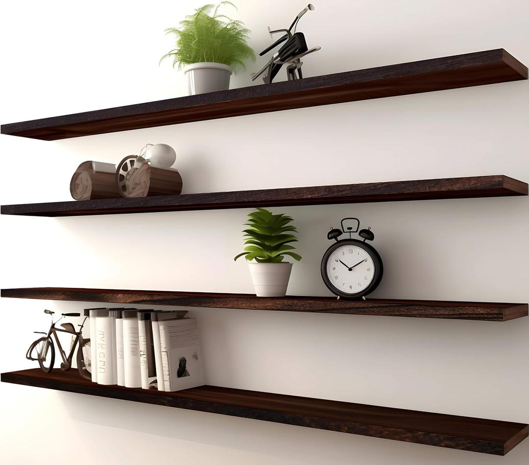 PHPH 48 Inch Wood Floating Shelves for Wall, Wooden Wall Shelves for Bedroom, Set of 4 Brown