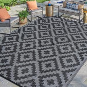 SAND MINE Waterproof Outdoor Rug 9x12 ft, Plastic Reversible Rug, Modern Area Rug, Large Floor Mat for Outdoors, RV, Patio, Backyard, Deck, Picnic, Beach, Camping, Black Grey Lattice