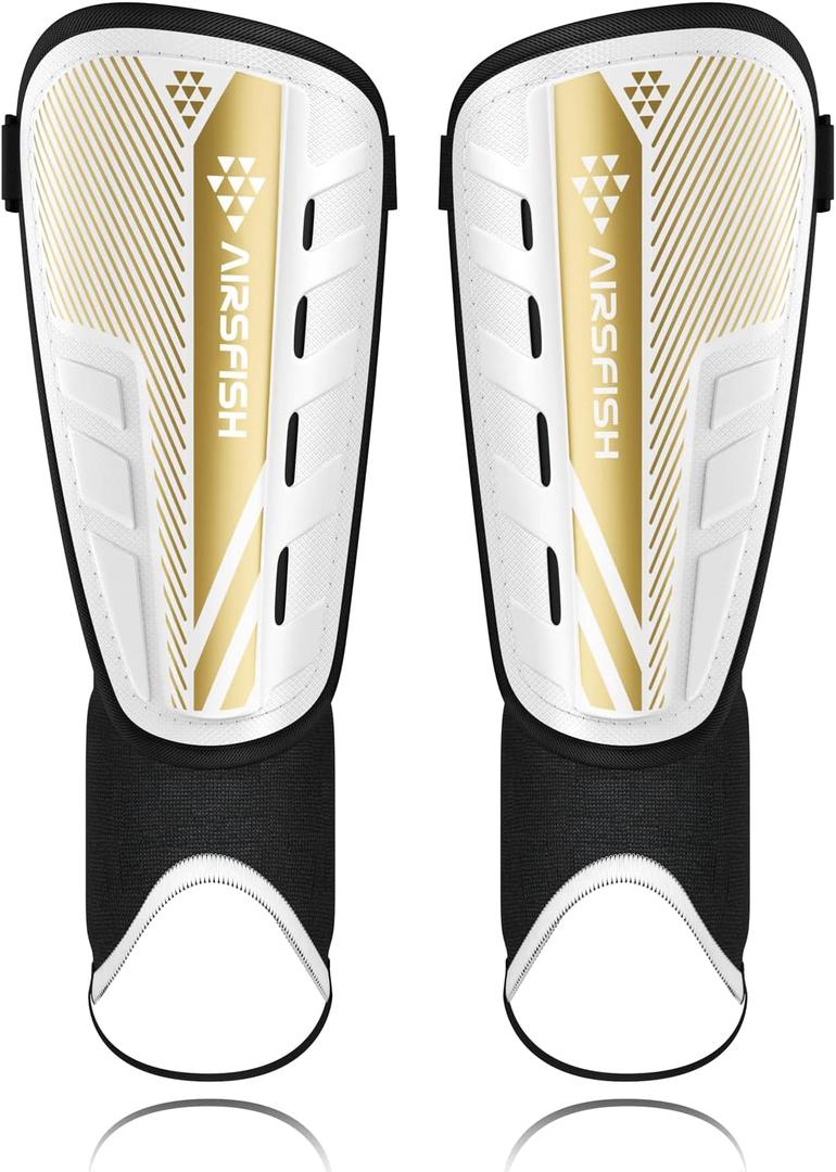 Upgraded Soccer Shin Guards for Kids Youth Adults, CE Certified AirsFish Shin Guard Sleeves Protection Gear for Boys Girls Soccer Games EVA Cushion Reduce Shocks and Injuries (S Plus, White+Gold)