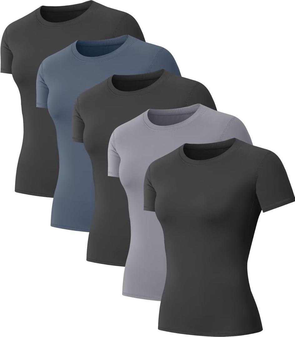 5-Pack Women's Compression Shirts Short Sleeve Workout Tops Athletic Baselayer Quick Dry Gym Yoga Running T-Shirt, Small