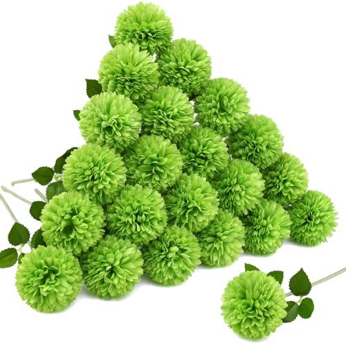 Floweroyal 24pcs Green Flowers Artificial Chrysanthemum Ball Silk Hydrangea Flowers Bridal Wedding Bouquet for Home Garden Party Office St Patricks Day Decor