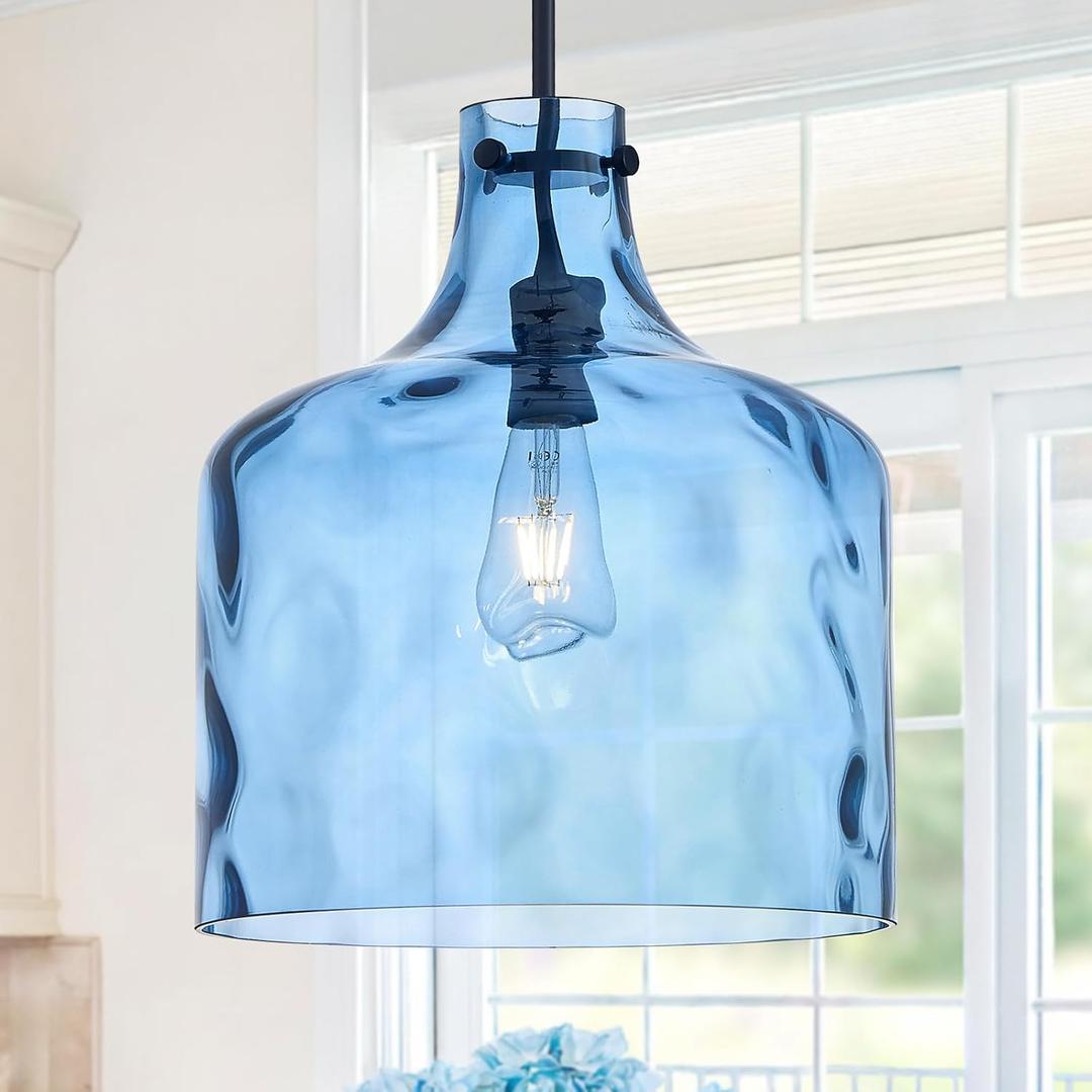 Farmhouse Pendant Light – Hand-Blown Blue Hammered Glass Shade, Black Finish, E26 Socket, Adjustable Chain Hanging Light Fixture for Kitchen Island, Dining Room & Hallway, 15" H x 12" D