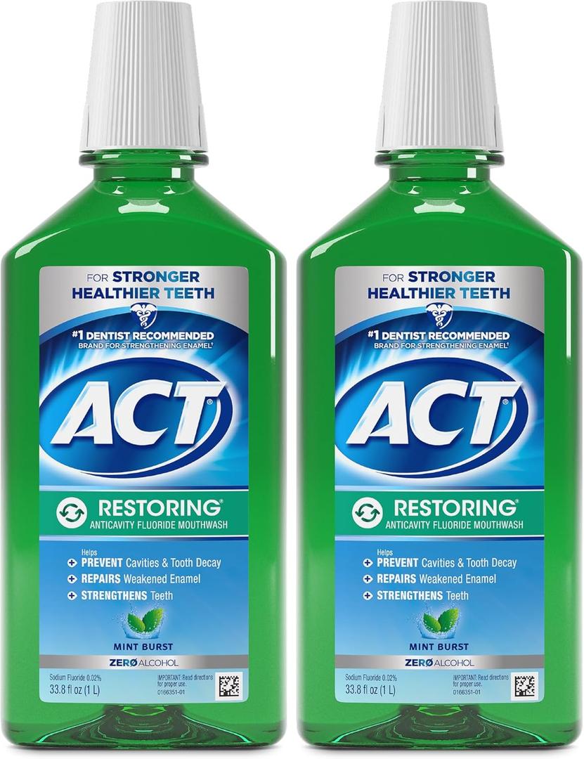 ACT Restoring Anticavity Fluoride Mouthwash with Zero Alcohol, Repairs Enamel & Strengthens Teeth, Mint Burst, 33.8 fl. oz., 2 pk