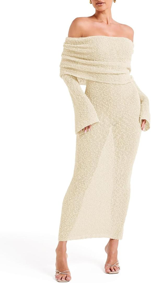 Saodimallsu Womens Off Shoulder Summer Maxi Dress Bell Long Sleeve Sexy Bodycon Strapless Sheer Beach Swimsuit Coverup (Medium, Beige)