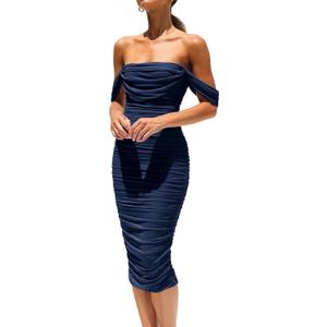 PRETTYGARDEN Wedding Guest Dress 2025 Summer Off Shoulder Ruched Elegant Sexy Bodycon Homecoming Cocktail Party Midi Dress (Large, Navy)