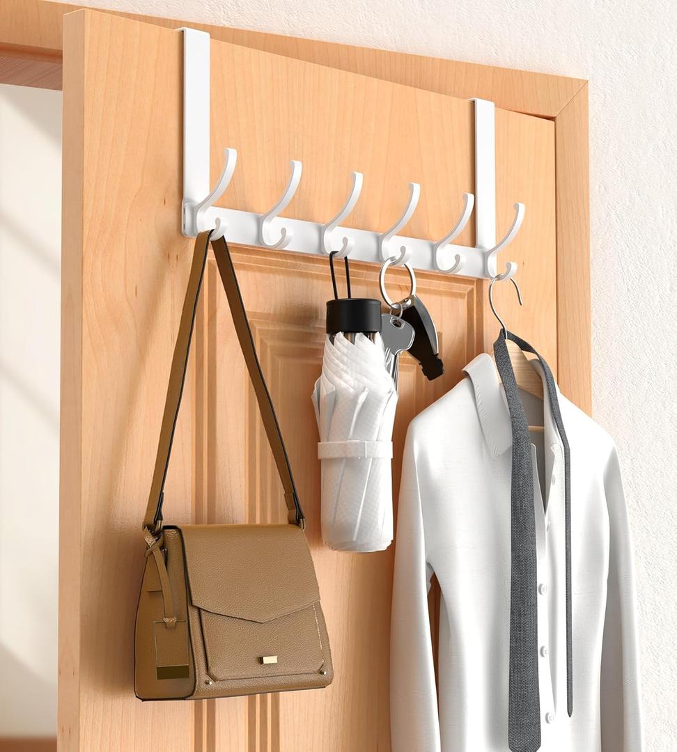 Over The Door Hooks Hanger with 7" Arms, Door Hooks for Hanging, Fit 1 3/4" Door, Tool-Free Assembly, F7U, Towel Racks Organizer Holder for Bathroom - White