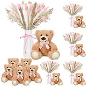 6 Sets 123 Pcs Baby Shower Table Centerpieces Dried Pampas Decor Bear Stuffed Ceramic Look Plastic Vase with Bow for Boho Wedding Bridal Shower Flowers Table Decorations (Pink,Girl)