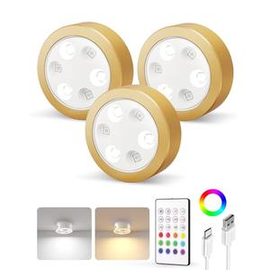 EZVALO Puck Lights with Remote,2000mAh Rechargeable Tap Light,RGB LED Display Lighting, Wireless Closet Light,Under Cabinet Lighs,Sitck On Lights for Kitchen,Closet,Pantry,Shelves(3 Packs)