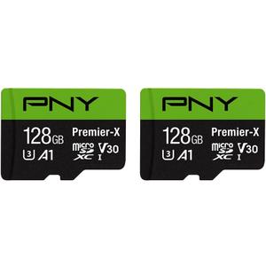 PNY P-SDU128X2V31100PX-GE 128GB Premier-X Class 10 U3 V30 microSDXC Flash Memory Card 2-Pack - 100MB/s, Class 10, U3, V30, A1, 4K UHD, Full HD, UHS-I, Micro SD
