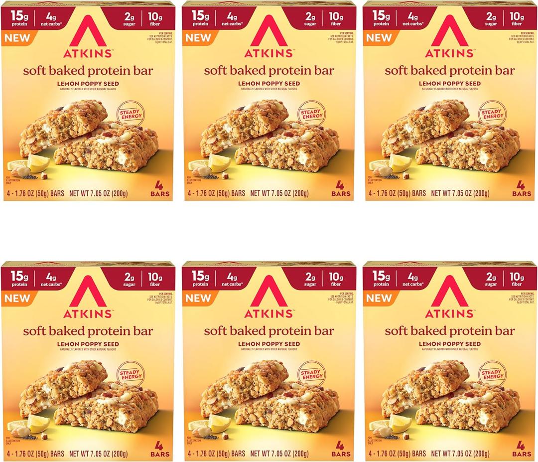 Atkins Soft Baked High Protein Bars, Lemon Poppy Seed Flavor, 15g Protein, 4g Net Carbs, 2g Sugar, Keto Snacks, Low Sugar Bars, High Fiber Snacks, 6 pack (4 bars each) (EXP 08/23/26)