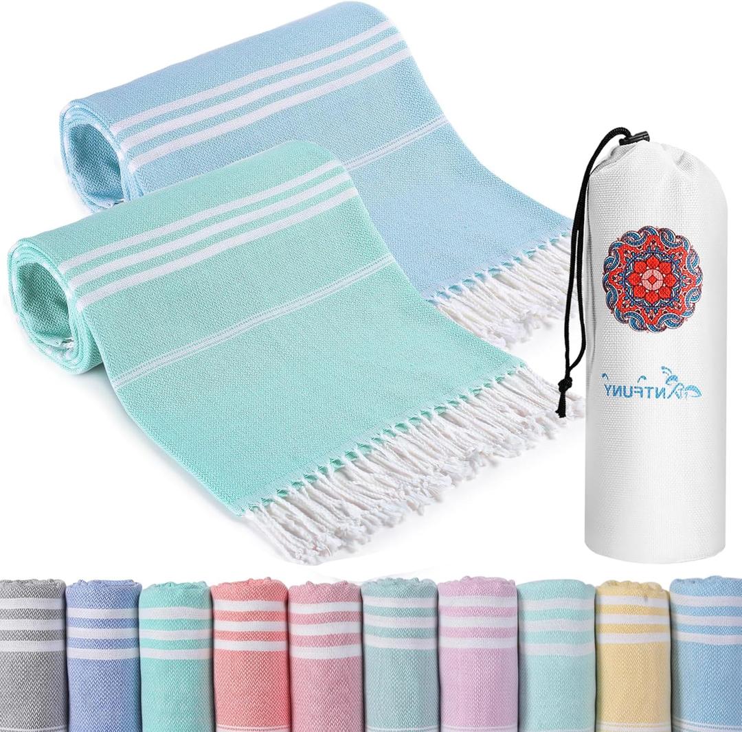 2 Packs Turkish Beach Towels Quick Dry Sand Free Soft Absorbent Adult Oversized Bath Pool Swim Towel Lightweight Thin Fast Drying Over The Lounge Chair Towel Sand Repellent Anti Vacation Essentials (72 x 36 inch, Thinner Set Turquoise Mink)