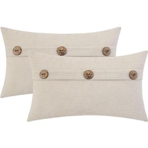 HWY 50 Beige Chenille Throw Pillow Covers 12x20 Inch with Triple Buttons, Soft Farmhouse Accent Decorative Cushion Cases for Couch Sofa Bed Living Room Pack of 2 Rectangle
