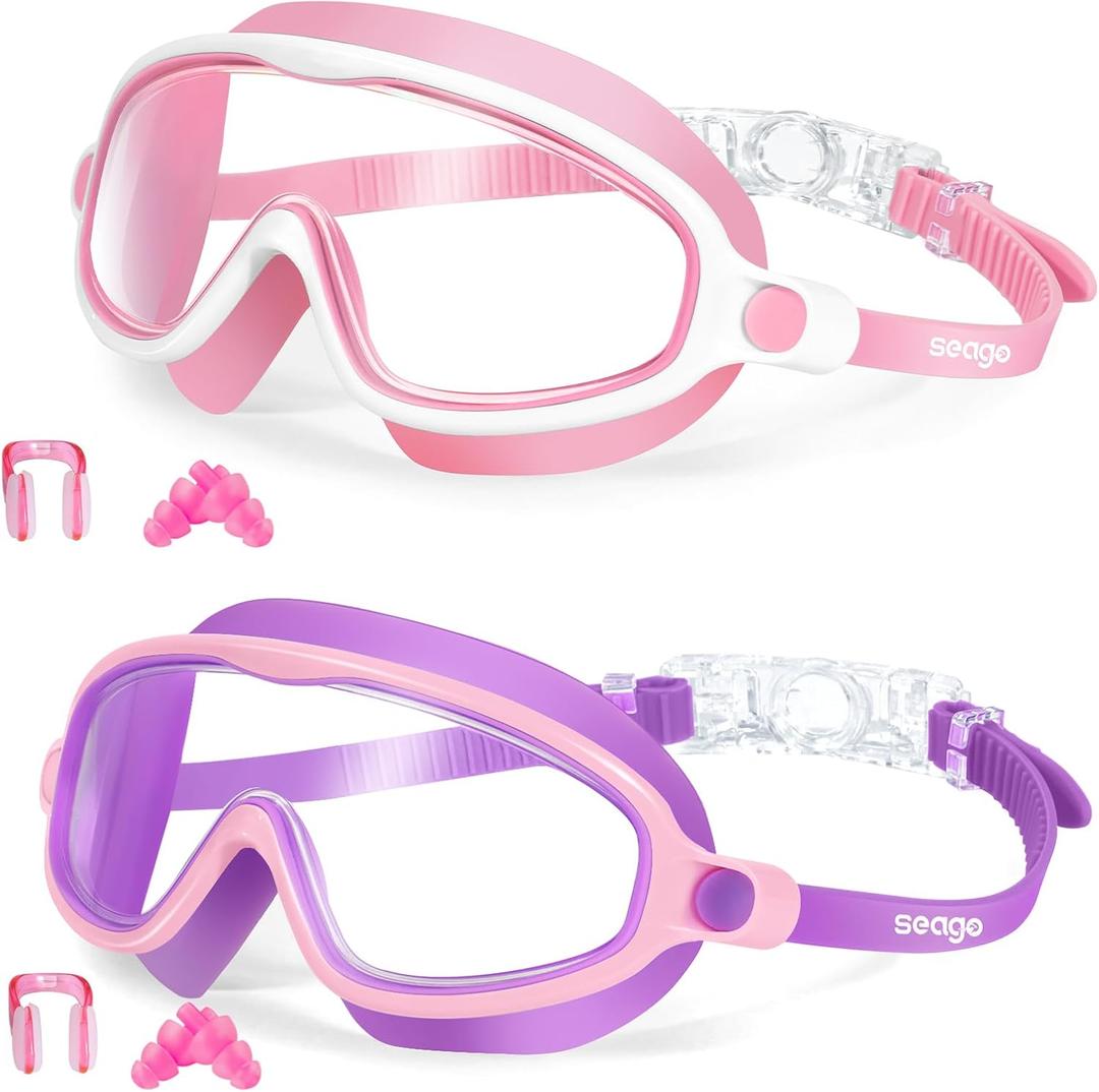 Seago Swim Goggles 2 Pack Anti-Fog Anti-UV Wide View Swimming Goggles for Kids 3-14 (Purple & Pink)