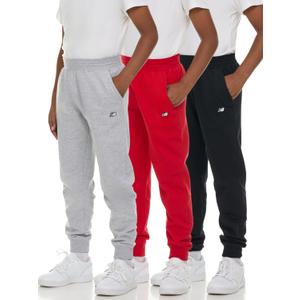New Balance Boys Fleece Jogger 3 Pack  Kids Soft Cotton Blend Fleece Sweatpants with Pockets, Athletic Fit, Sizes 4-20 (5-6, Black/Red/Grey)