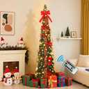 6ft Pop Up Prelit Pencil Artificial Christmas Tree with Remote Control, Slim Collapsible Christmas Tree Pre-Decorated Red&Gold Decorations, Pre-Lit Warm White&Multi-Color Lights for Xmas Decor, 6 FT
