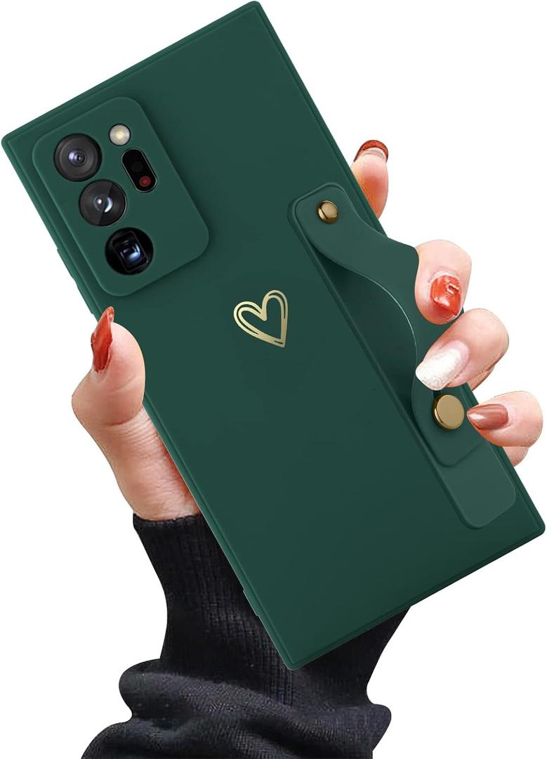Compatible with Samsung Galaxy Note 20 Ultra Case for Women Girls, Cute Gold Love Heart Pattern with Wrist Hand Holder Stand Soft Silicone Kickstand Protection Cover (Dark Green)