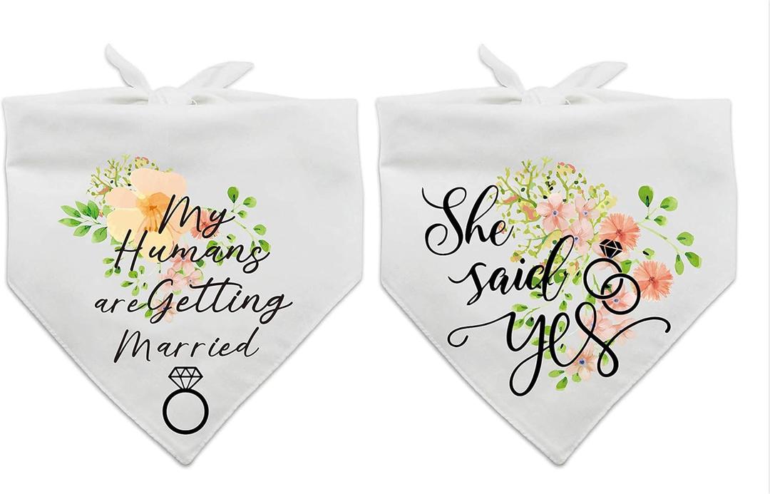 Dog Bandana for Wedding - My Humans are Getting Married She Said Yes Funny Engagement Pet Scarf, Photo Prop Gift for Dog Lovers - Pack of 2 Adjustable