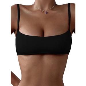 WDIRARA Women's Bandeau Swim Top Spaghetti Strap Ribbed Textured Wireless Bikini Tops L
