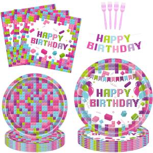 Block Pattern Party Supplies Tableware Set for 24 Guests 97 Pcs with Plates, Forks, Napkins and Banner Disposable Party Dinnerware for Adult Birthdays